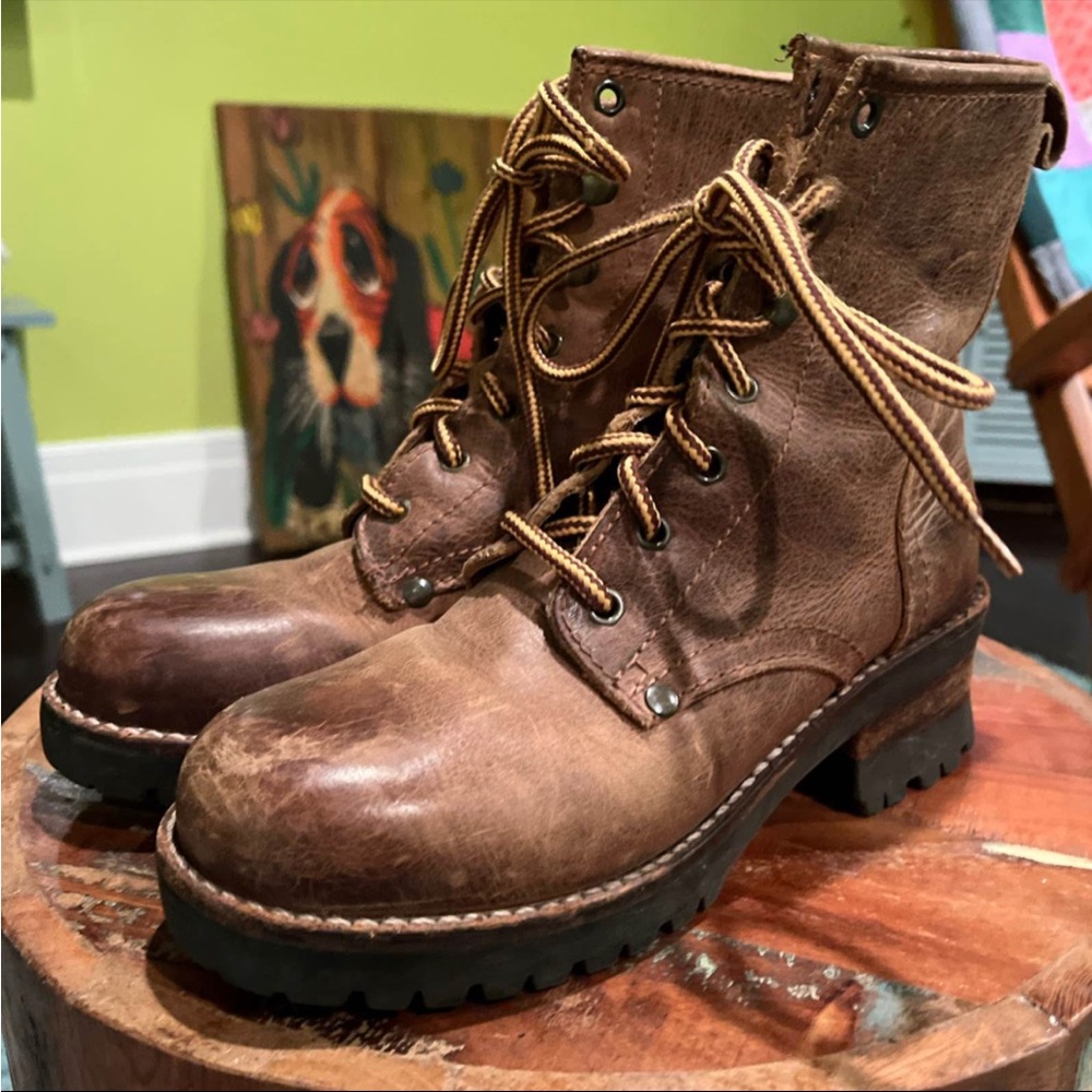 Women’s 6.5 Mainframe Brown Leather Combat Boots Lace-Up Y2K Brazil - Picture 2 of 6